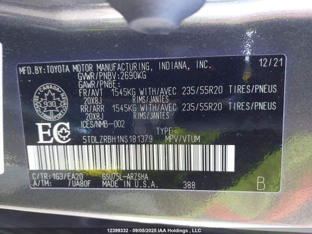 5TDLZRBH1NS181379 Toyota 2gr-fks