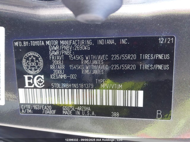 5TDLZRBH1NS181379 Toyota 2gr-fks