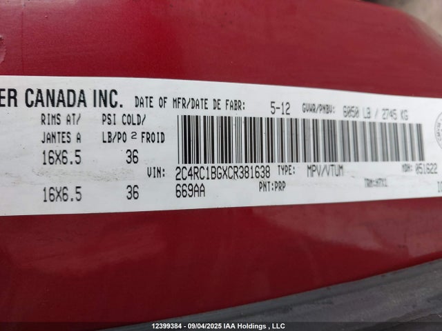 2012 Chrysler Town & Country Touring მანქანა იყიდება აუქციონზე, vin: 2C4RC1BGXCR381638, აუქციონის ნომერი: 12399384