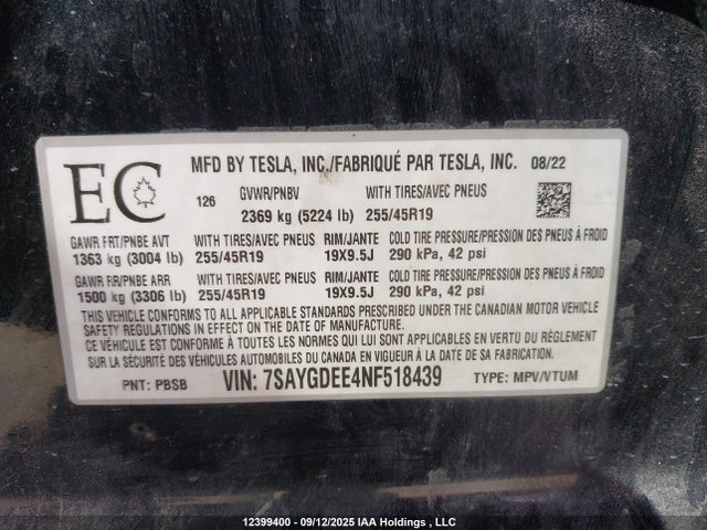 7SAYGDEE4NF518439 Tesla Model Y