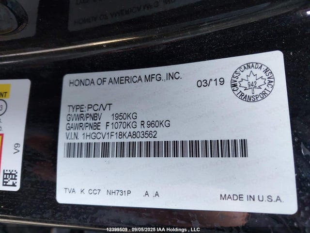 1HGCV1F18KA803562 Honda l15be