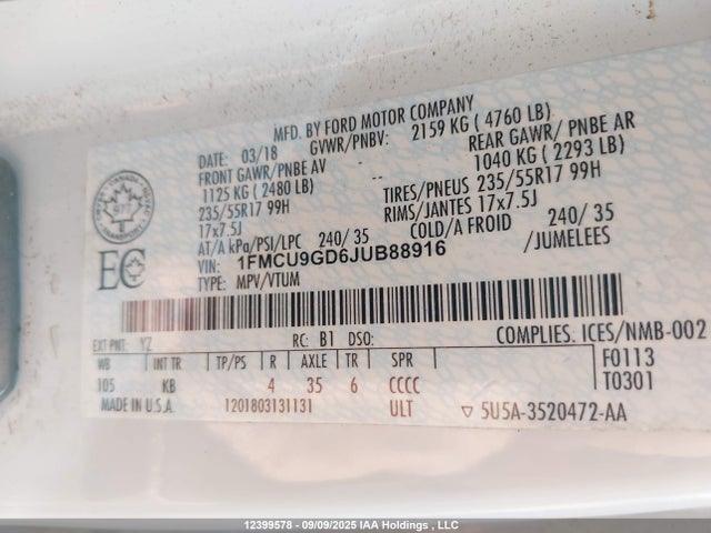 Auction sale of the 2018 Ford Escape Se, vin: 1FMCU9GD6JUB88916, lot number: 12399578