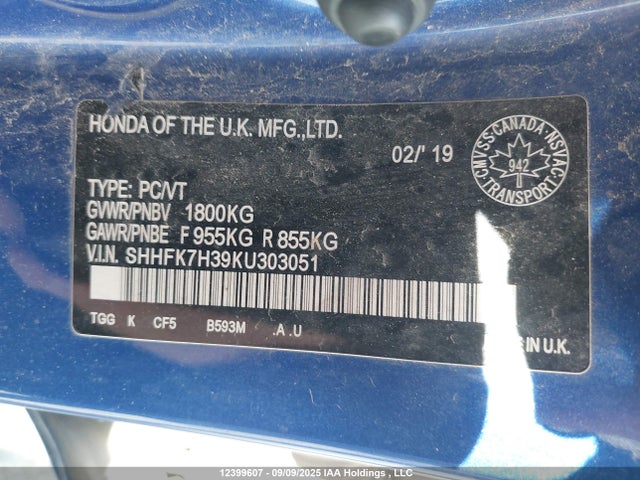 SHHFK7H39KU303051 Honda l15ba