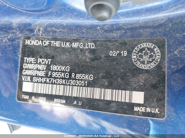 SHHFK7H39KU303051 Honda l15ba