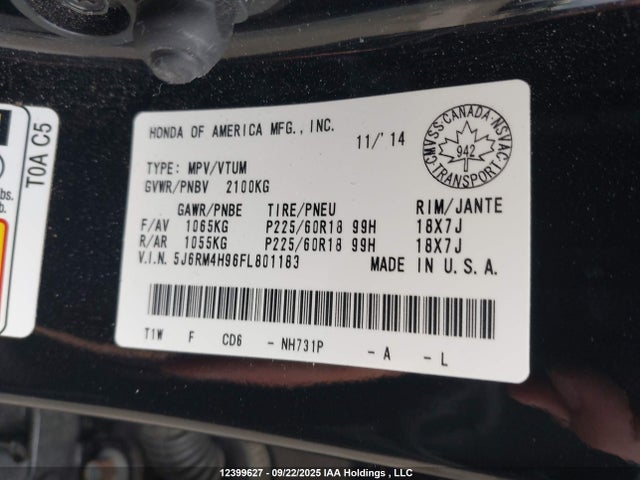 Honda k24w9 2015 5J6RM4H96FL801183 Image 9