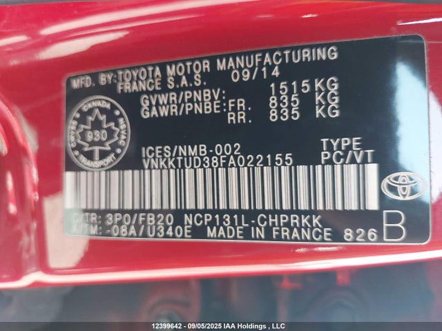 Toyota 1nz-fe 2015 VNKKTUD38FA022155 Image 9
