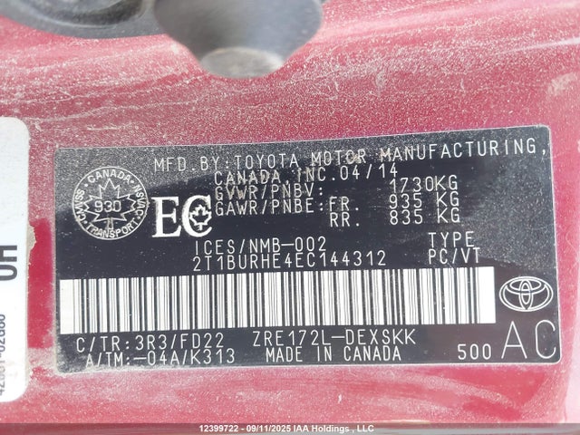 Toyota 2zr-fe 2014 2T1BURHE4EC144312 Image 9
