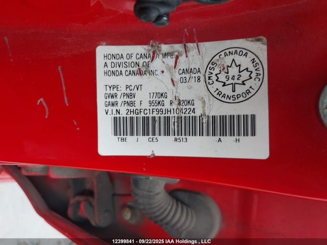 Honda l15b7 2018 2HGFC1F99JH104224 Image 9