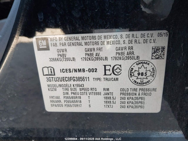 3GTU2UEC8FG385611 GMC l83 - vvt, active fuel management, aluminum