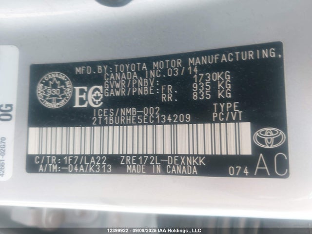 Toyota 2zr-fe 2014 2T1BURHE5EC134209 Image 9