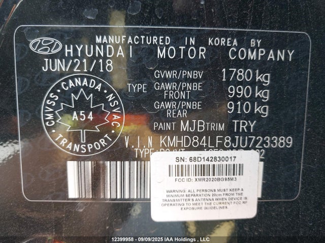 KMHD84LF8JU723389 Hyundai Elantra