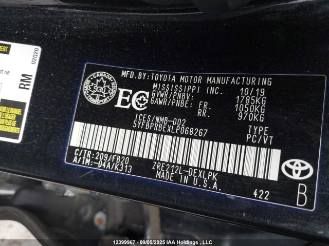 5YFBPRBEXLP068267 Toyota 2zr-fae