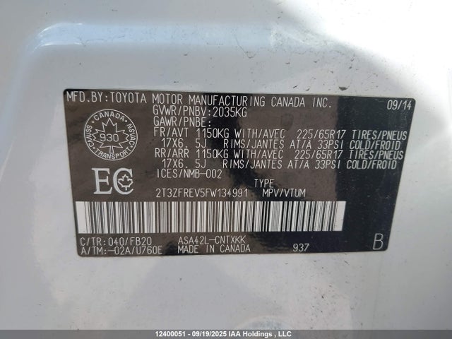 2T3ZFREV5FW134991 Toyota 2ar-fe