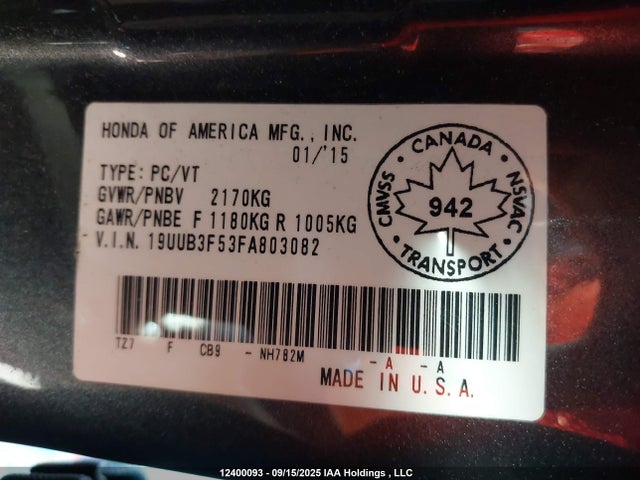 Acura j35y6 2015 19UUB3F53FA803082 Image 9