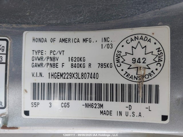 2003 Honda Civic Ex მანქანა იყიდება აუქციონზე, vin: 1HGEM229X3L807440, აუქციონის ნომერი: 12400111