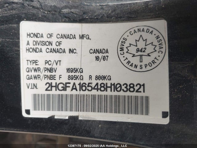 Aukcja sprzedaży 2008 Honda Civic Lx, vin: 2HGFA16548H103821, numer aukcji: 12397175
