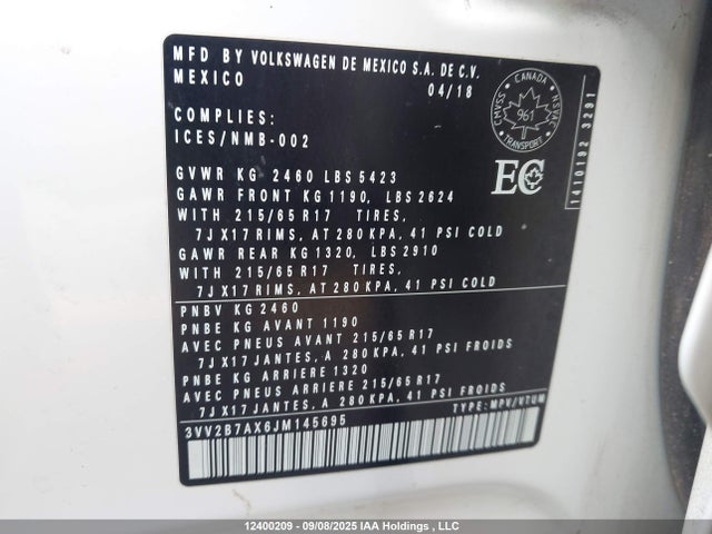 3VV2B7AX6JM145695 Volkswagen 2018