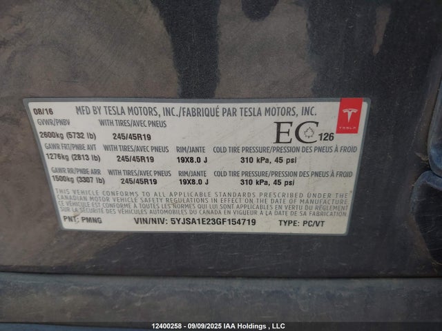 5YJSA1E23GF154719 Tesla 3 phase a/c induction (dual motor)