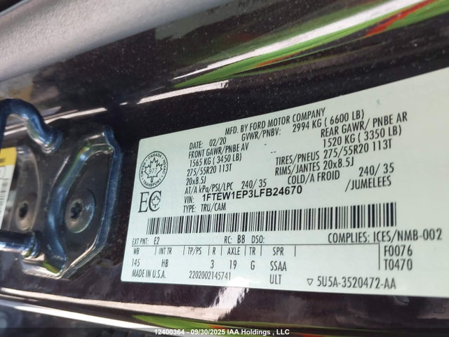 Продаж на аукціоні авто 2020 Ford F-150 Lariat, vin: 1FTEW1EP3LFB24670, номер лоту: 12400364