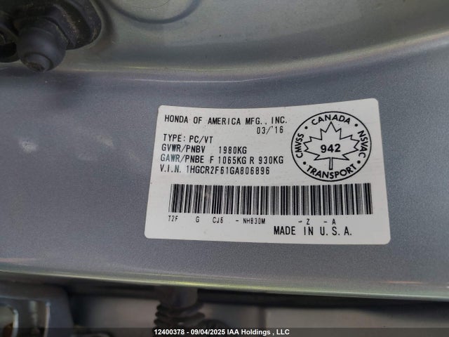 1HGCR2F61GA806896 Honda k24w1