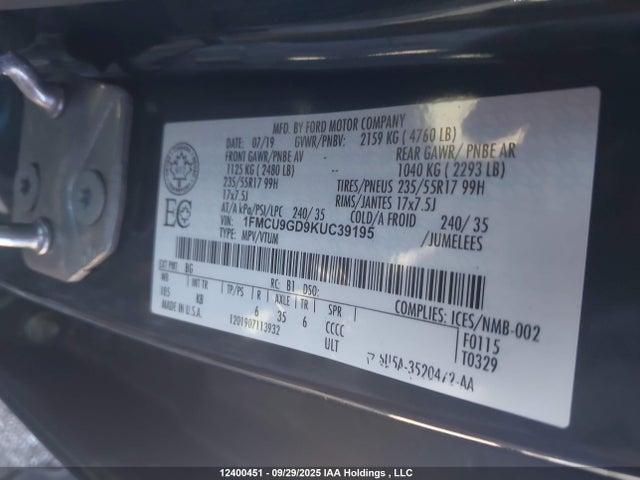 1FMCU9GD9KUC39195 Ford 1.5l gtdi sigma w/premium fuel