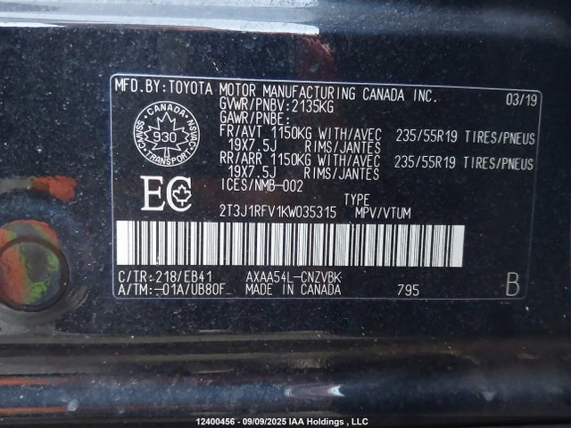 2T3J1RFV1KW035315 Toyota a25a-fks