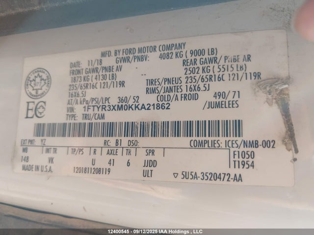 1FTYR3XM0KKA21862 Ford Transit