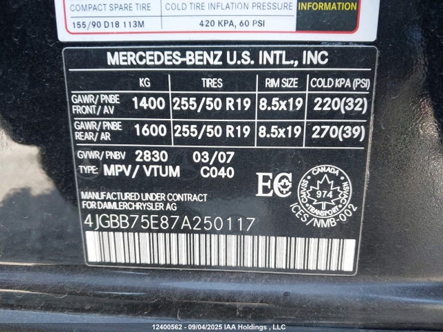 2007 Mercedes-benz M-class მანქანა იყიდება აუქციონზე, vin: 4JGBB75E87A250117, აუქციონის ნომერი: 12400562