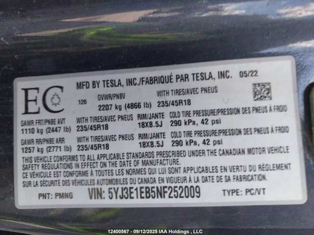 5YJ3E1EB5NF252009 Tesla Model 3 Long Range