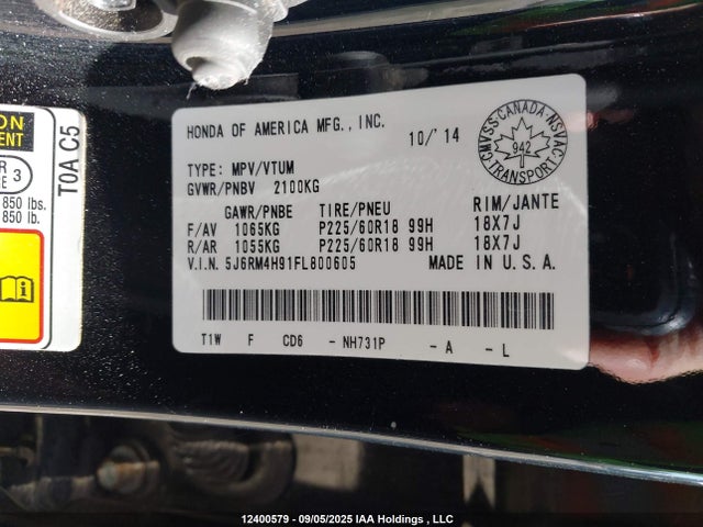 Honda k24w9 2015 5J6RM4H91FL800605 Image 19