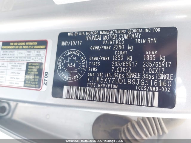 5XYZUDLB9JG516160 Hyundai gdi theta ii