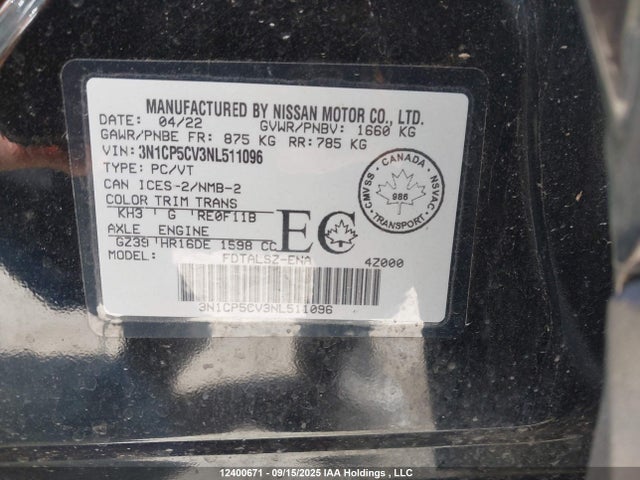 3N1CP5CV3NL511096 Nissan KICKS SV