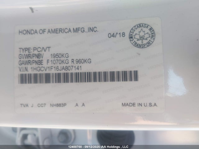 1HGCV1F16JA807141 Honda l15be
