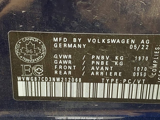 Aukcja sprzedaży 2022 Volkswagen Golf Gti Autobahn, vin: WVWG87CD3NW212068, numer aukcji: 12400722