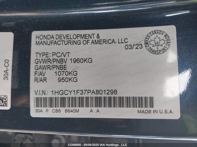 1HGCY1F37PA801298 Honda l15be