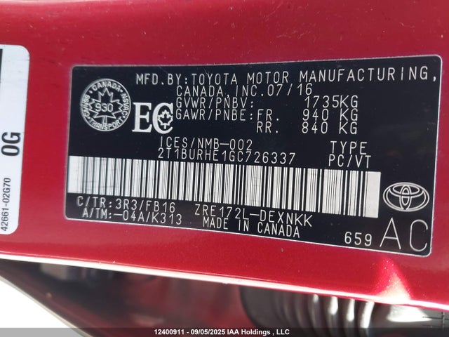 2T1BURHE1GC726337 Toyota 2zr-fe