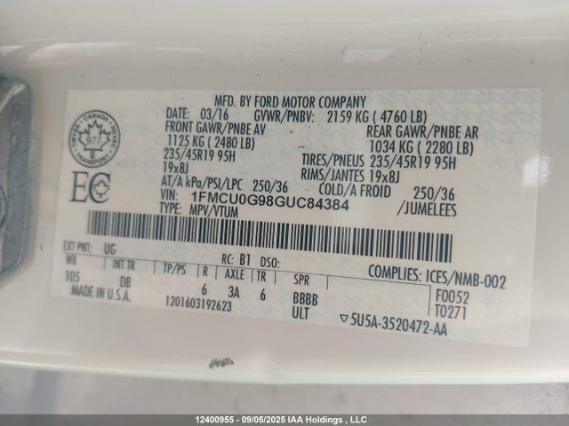 Ford 2016 2016 1FMCU0G98GUC84384 Image 9