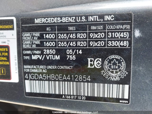 Mercedes-Benz Ml-Class 2014 4JGDA5HB0EA412854 Image 9
