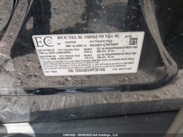 12401020 :رقم المزاد ، 7SAXCBE54PF381405 vin ، 2023 Tesla Model X Awd/standard Range مزاد بيع