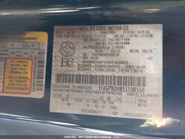 12401052 :رقم المزاد ، 1FAGP8UH8S5108550 vin ، 2025 Ford Mustang مزاد بيع
