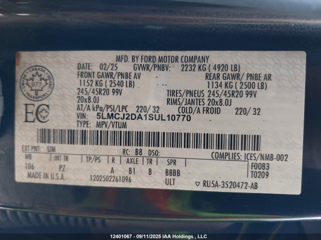 Продаж на аукціоні авто 2025 Lincoln Corsair Reserve, vin: 5LMCJ2DA1SUL10770, номер лоту: 12401067