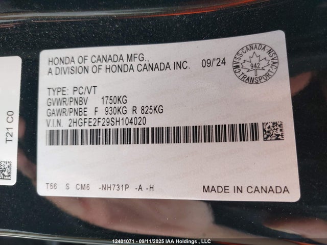 Honda k20c9 2025 2HGFE2F29SH104020 Image 9