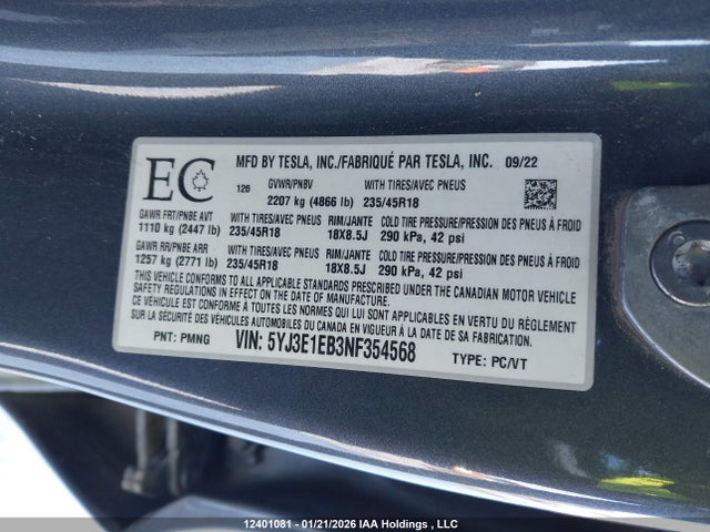 2022 Tesla Model 3 Long Range მანქანა იყიდება აუქციონზე, vin: 5YJ3E1EB3NF354568, აუქციონის ნომერი: 12401081