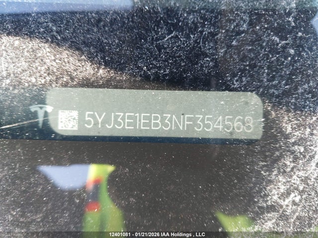 2022 Tesla Model 3 Long Range მანქანა იყიდება აუქციონზე, vin: 5YJ3E1EB3NF354568, აუქციონის ნომერი: 12401081