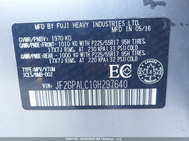 JF2GPALC1GH297640 Subaru naturally aspirated