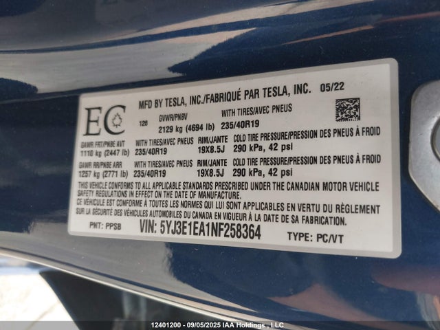 Tesla 2022 2022 5YJ3E1EA1NF258364 Image 9
