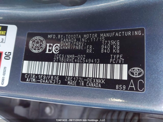 Toyota 2zr-fe 2016 2T1BURHE4GC549413 Image 9