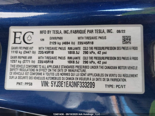 5YJ3E1EA3NF333209 Tesla MODEL 3