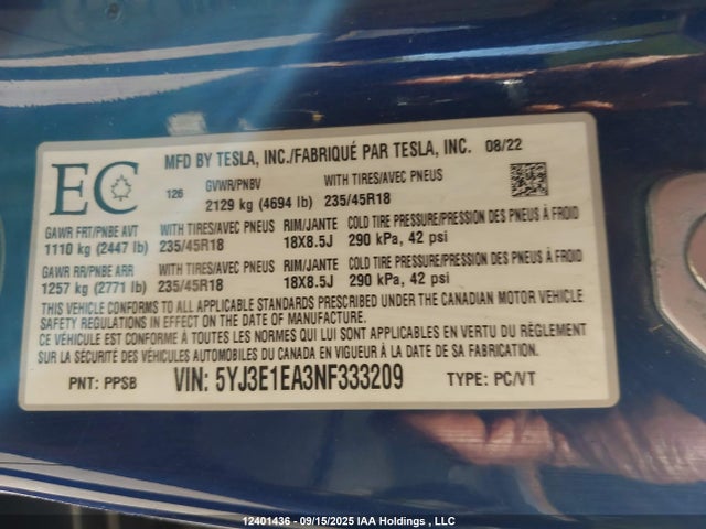 5YJ3E1EA3NF333209 Tesla MODEL 3