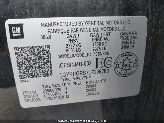 1GYKPGRS7LZ206783 Cadillac lgx, vvt, alum, gen 2